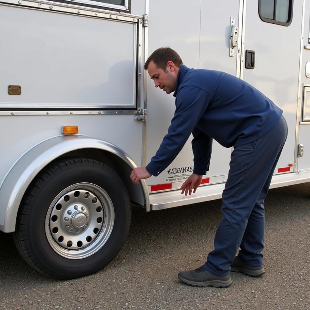 A thorough inspection of the horse trailer's exterior, including the tires and undercarriage, is essential before purchase.