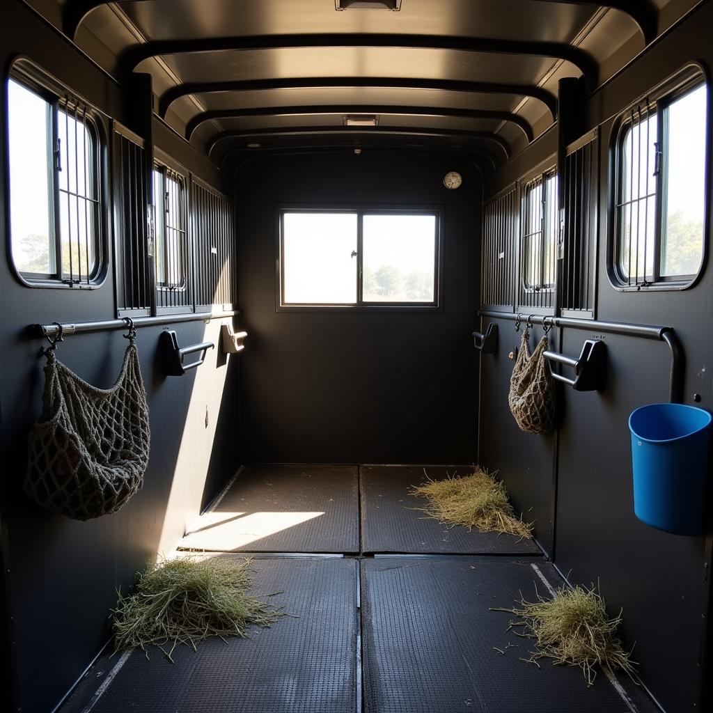 Well-equipped horse trailer interior