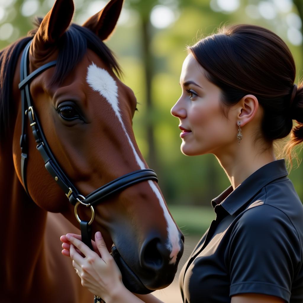 Horse trainer communicating with a horse