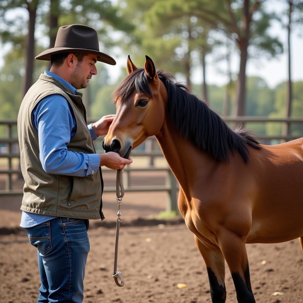 A young horse being trained with a handler