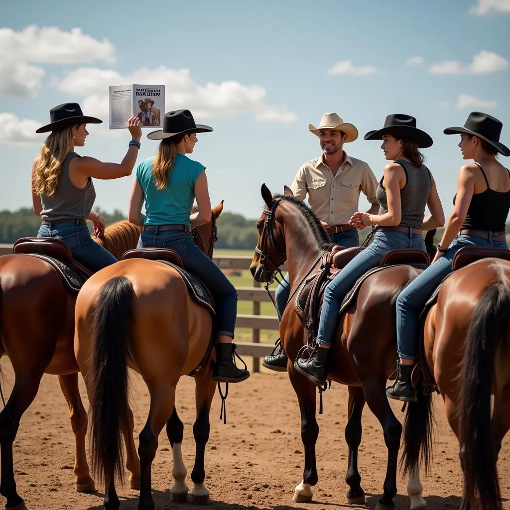  Horseback riders discussing a book about horse training while riding in an arena.