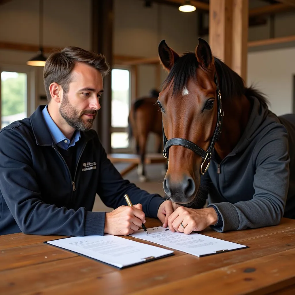 Horse owner and trainer signing a contract