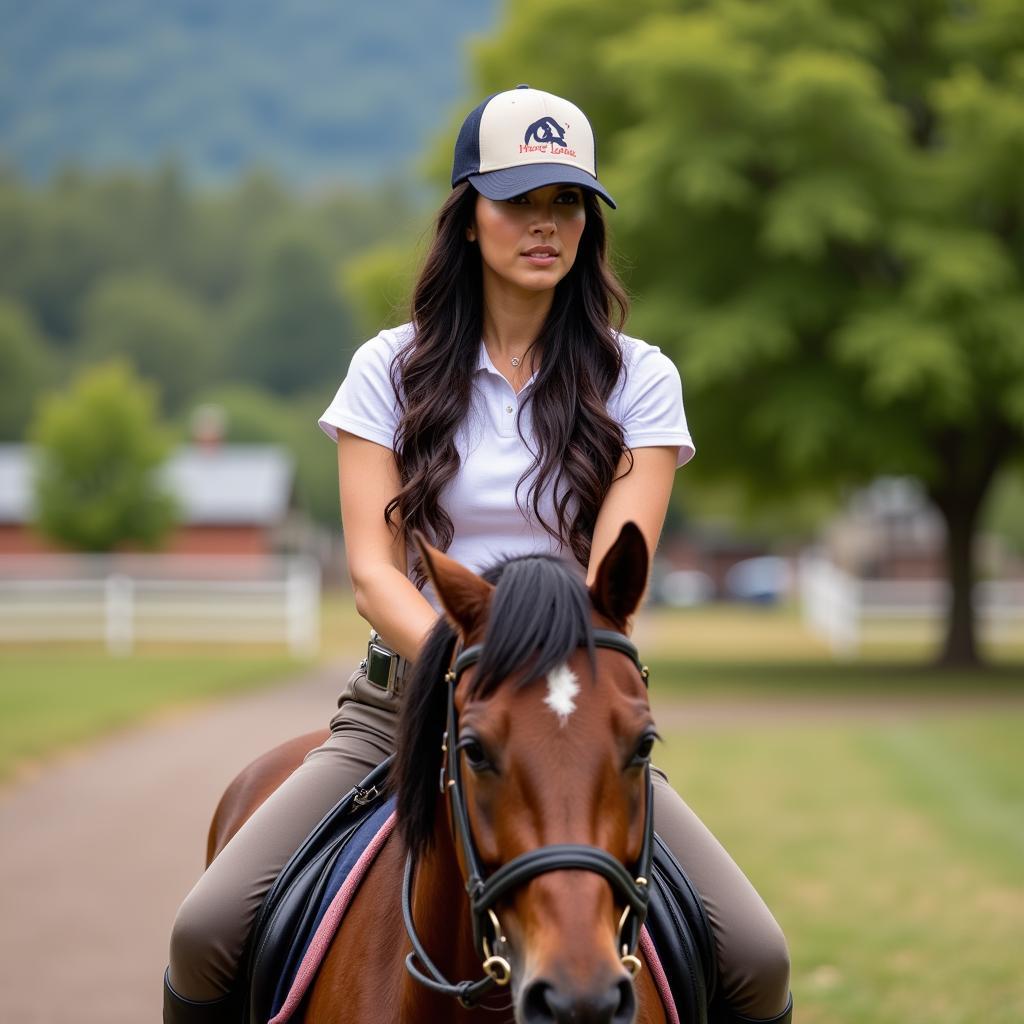 Woman riding wearing horse trucker hat