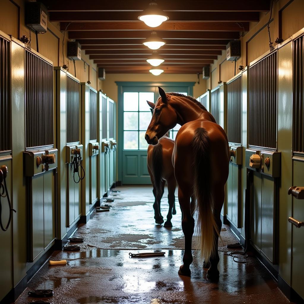 Grooming a Horse in a Well-Equipped Stall