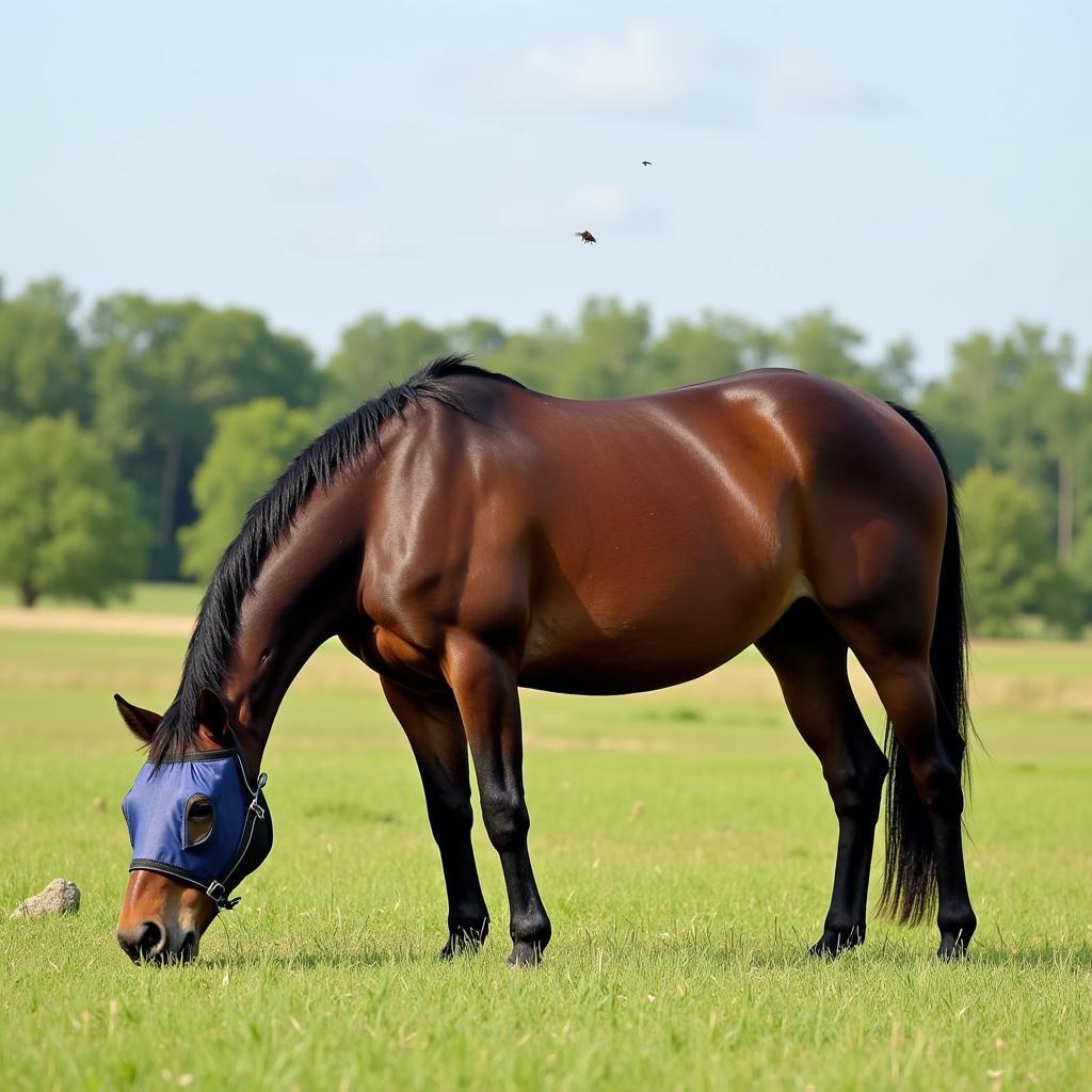 Horse Wearing a Fly Mask Grazing Peacefully