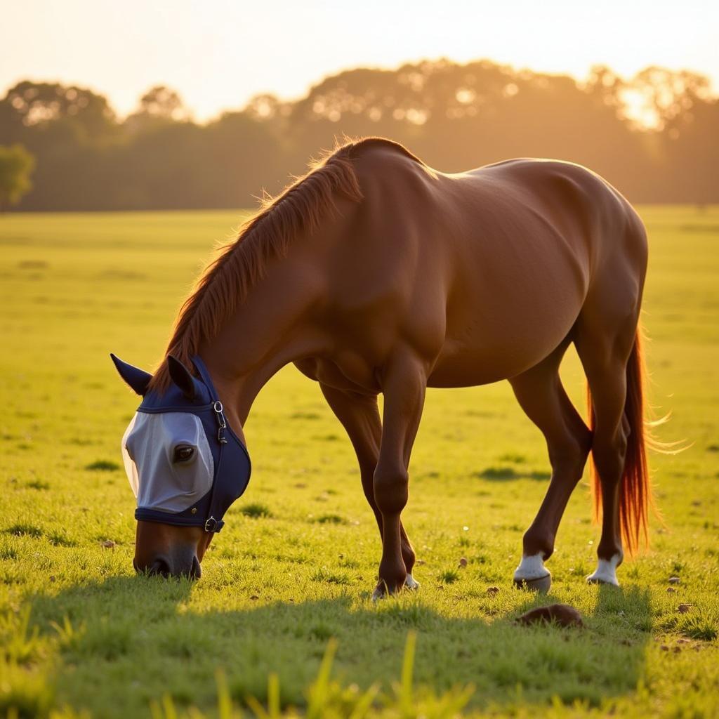 Horse wearing a fly mask grazing in a field