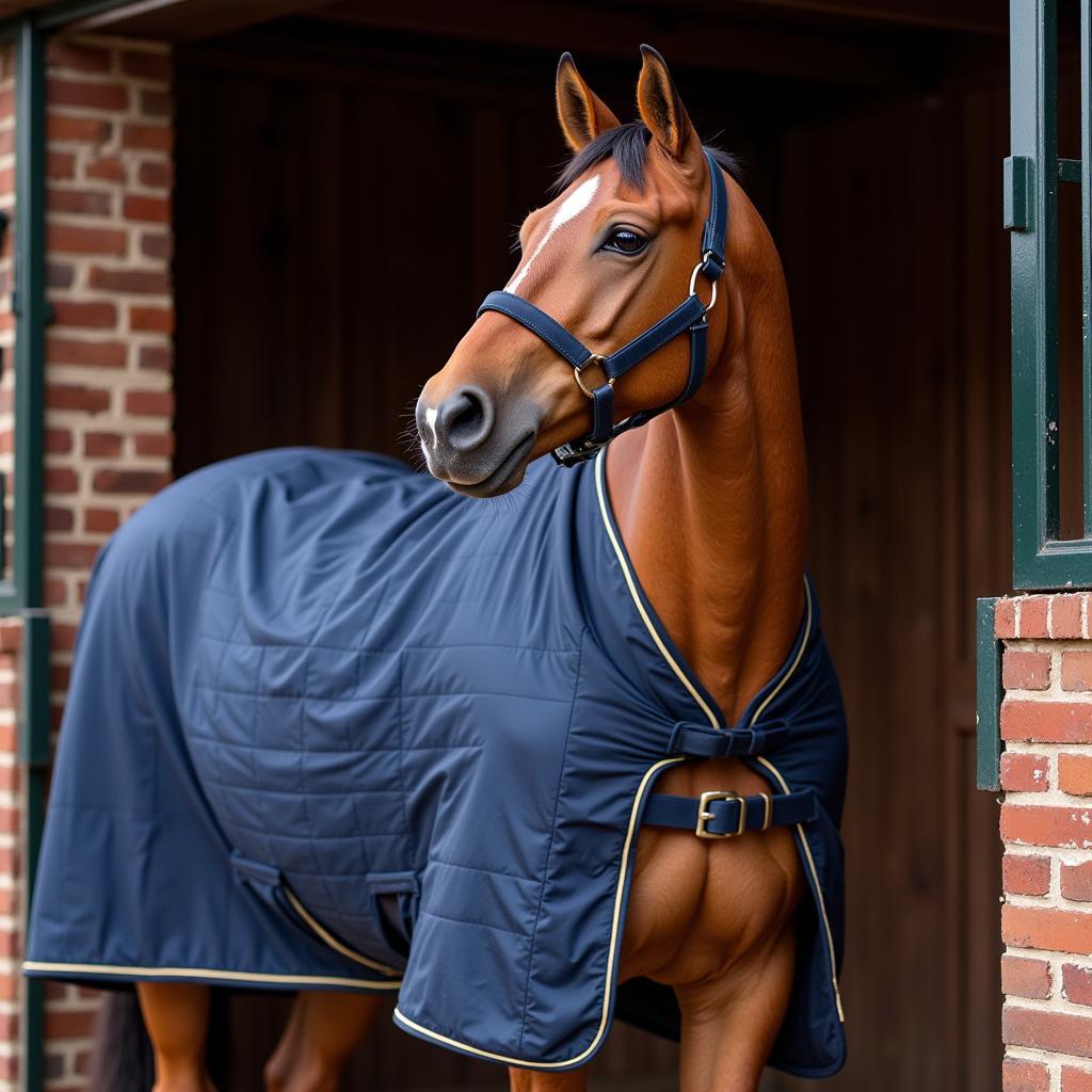 Horse Wearing a Bedspread in its Stable