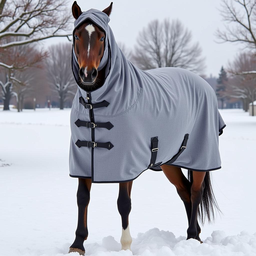 Horse Wearing Blanket Hood in Snowy Weather