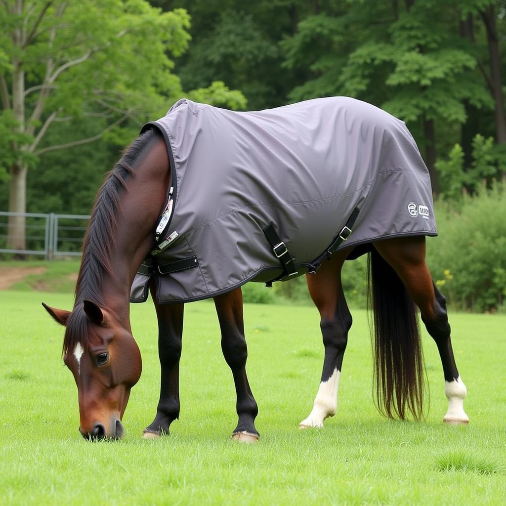 A horse wearing a blanket with a visible name tag in a pasture.