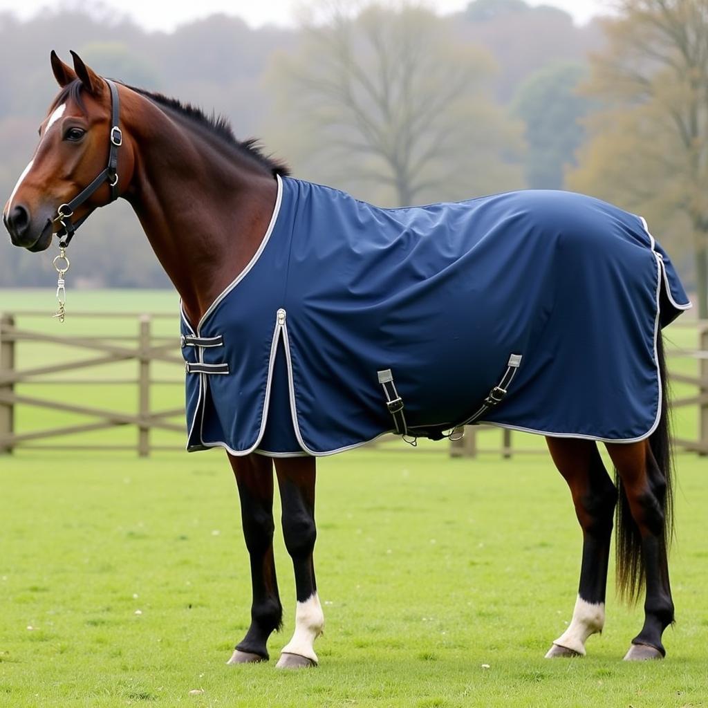 Horse Comfortably Wearing a Closeout Blanket in a Paddock