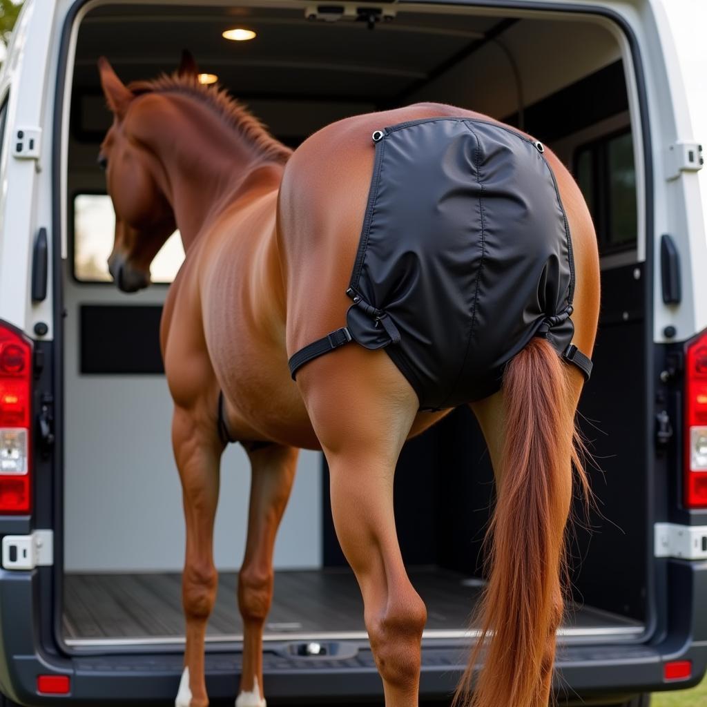 Horse Wearing a Diaper in a Trailer