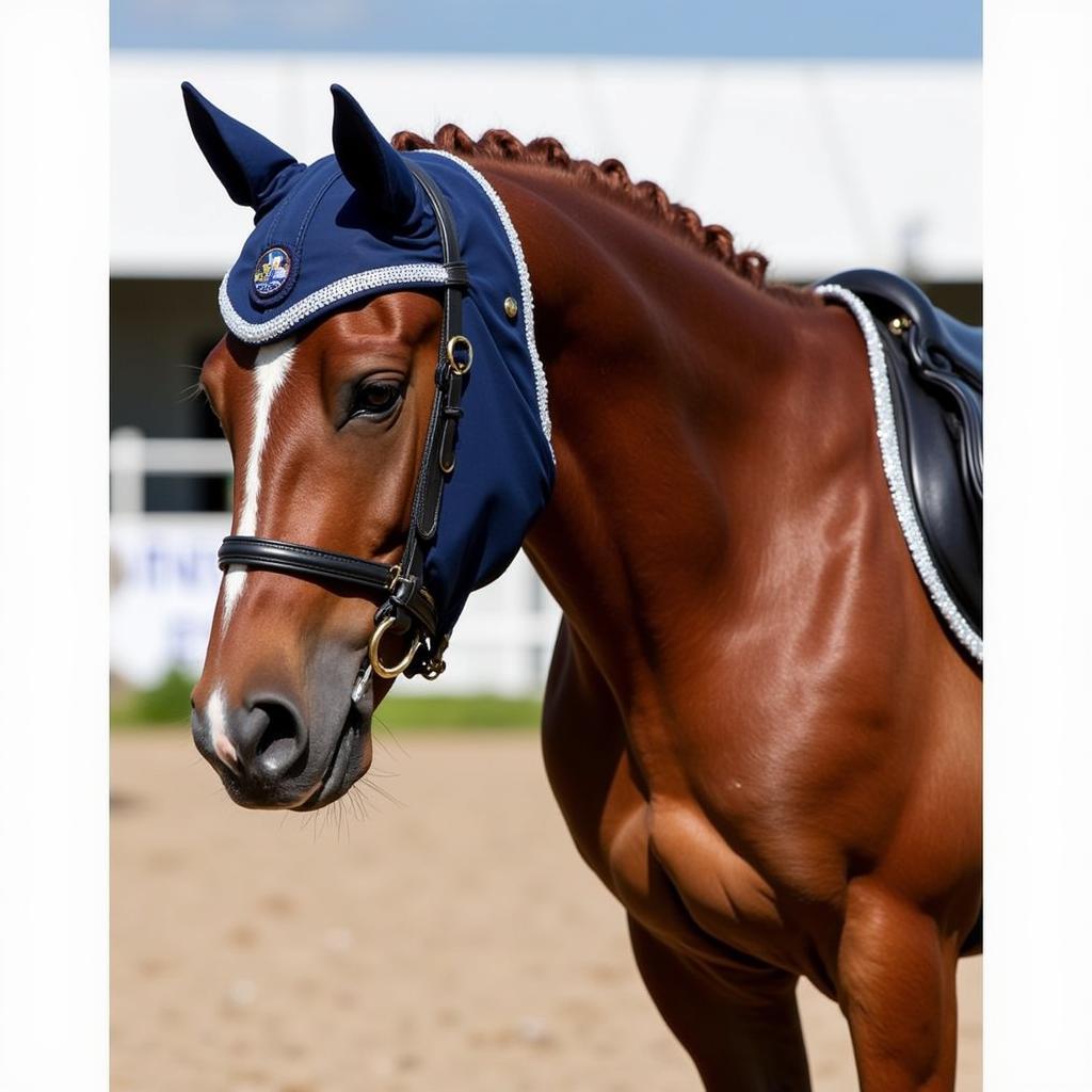 Horse Wearing an Ear Bonnet During Dressage Competition