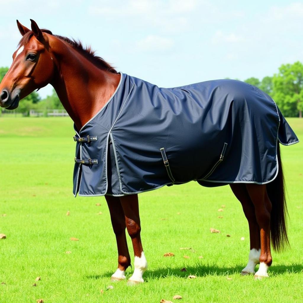 Horse Wearing Fly Blanket in Pasture