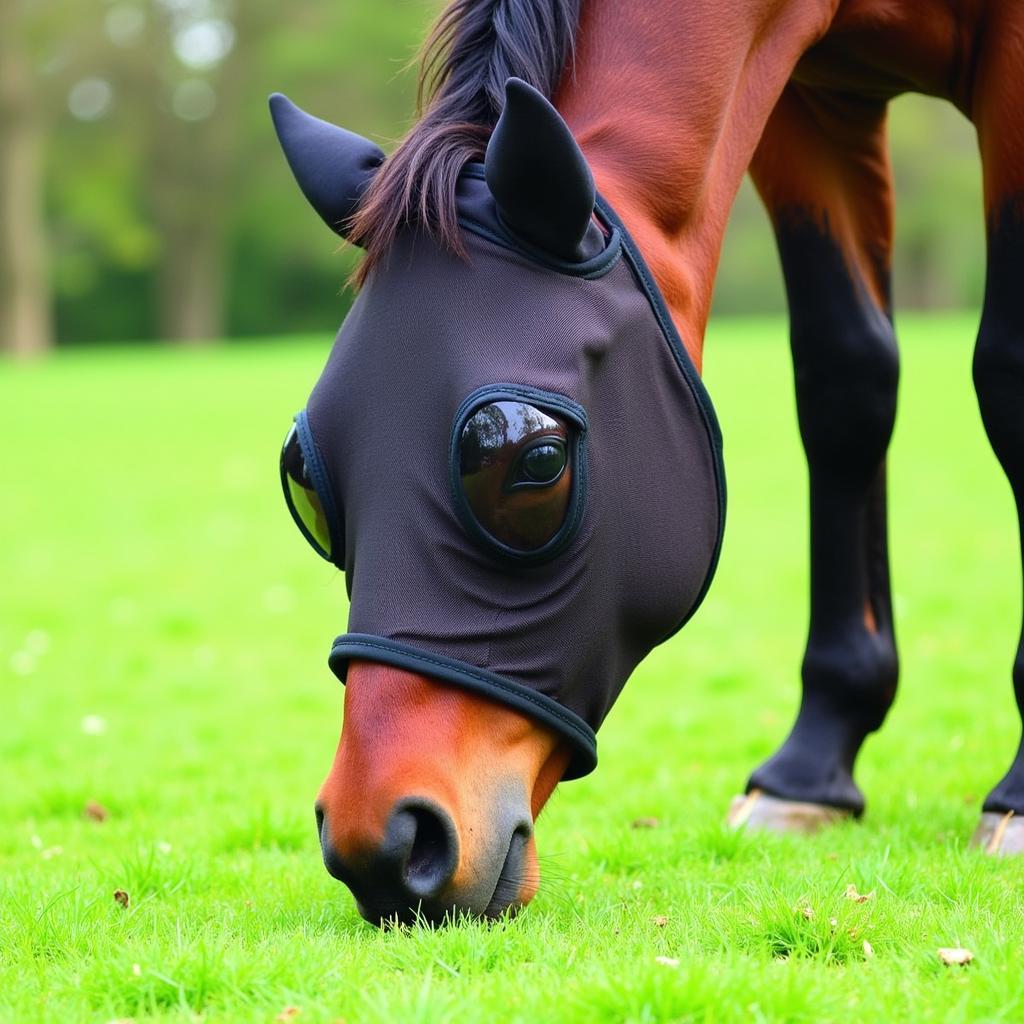 Horse Wearing Fly Mask Grazing