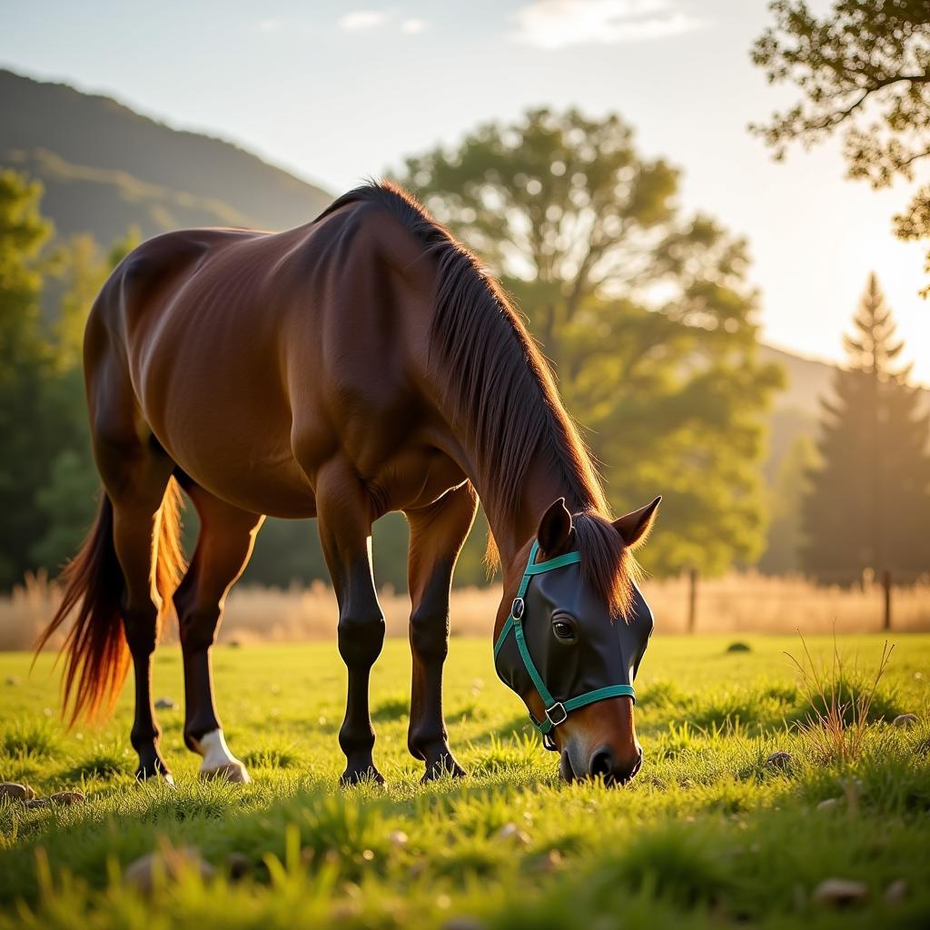 Horse Wearing Fly Mask Grazing Peacefully