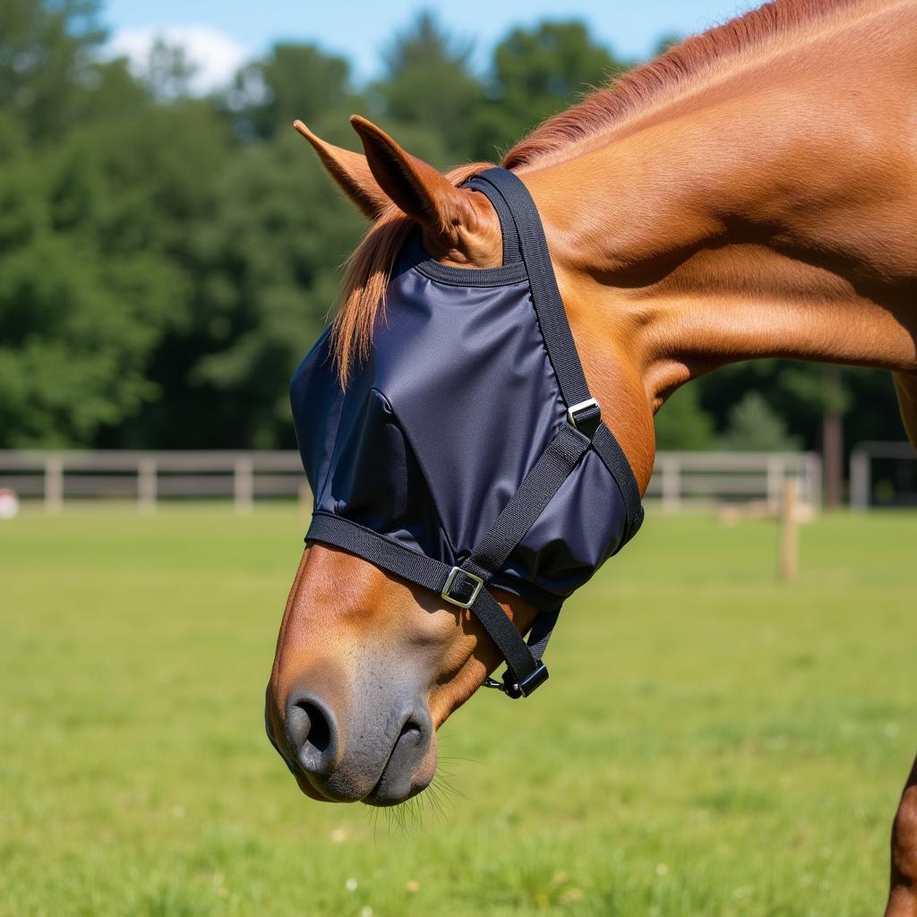 Horse wearing a fly mask in a field