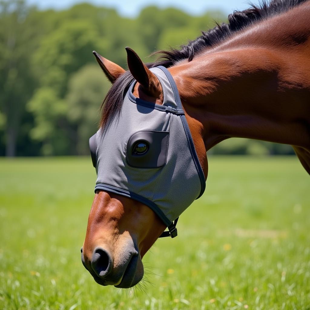 Horse Wearing a Fly Mask in a Pasture