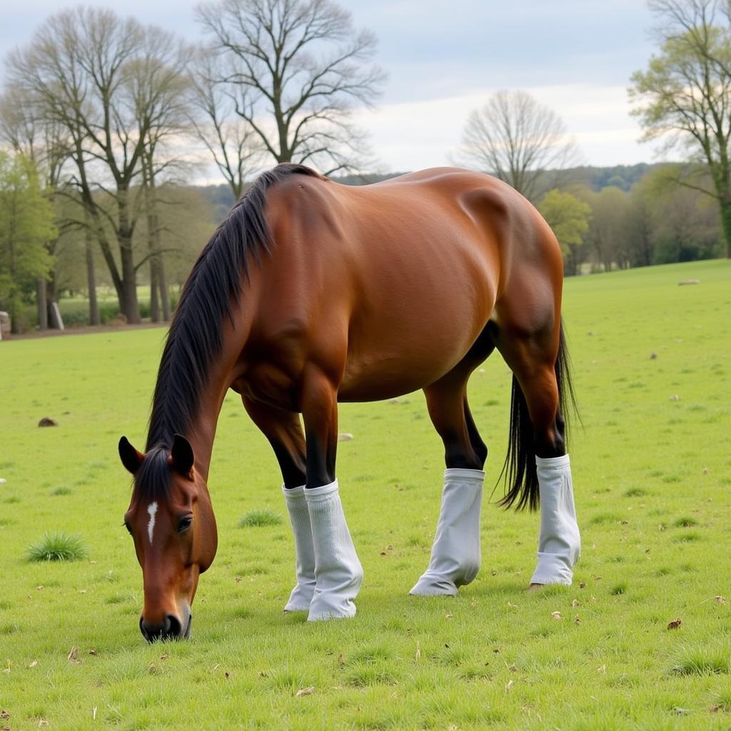 Horse with fly socks grazing peacefully