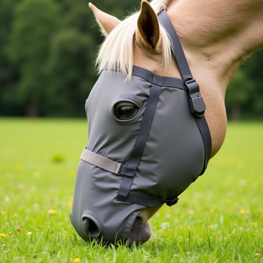 Horse Wearing Grazing Muzzle in Field