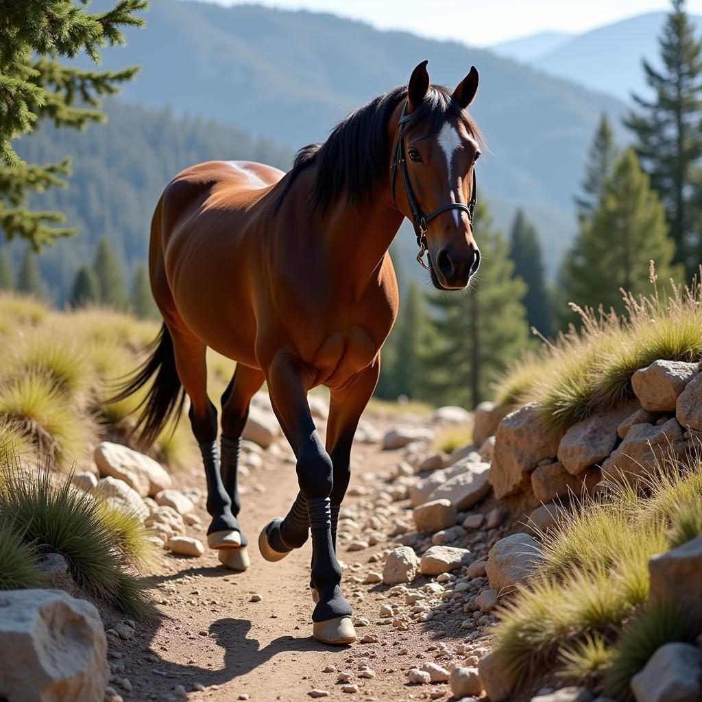 Horse Wearing Hoof Boots for Trail Riding