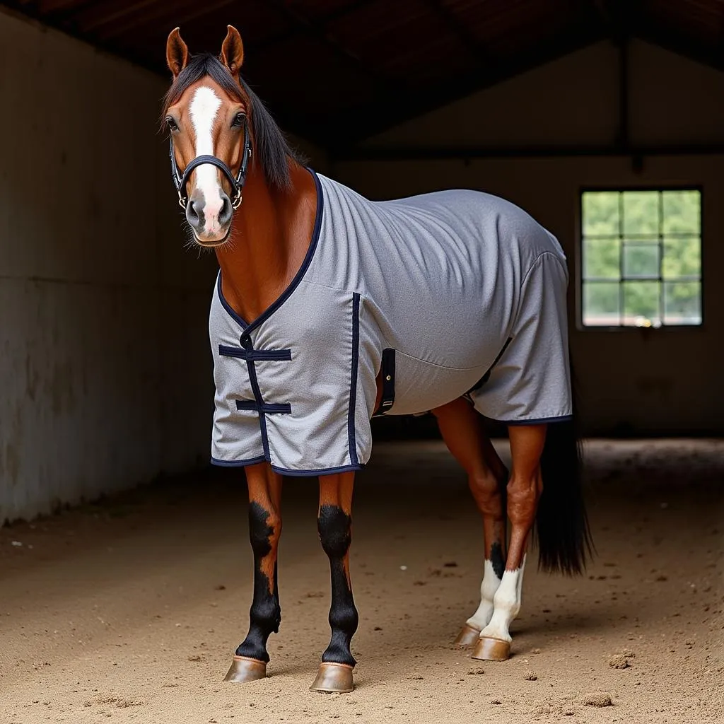 Horse Wearing Jammies in Stable