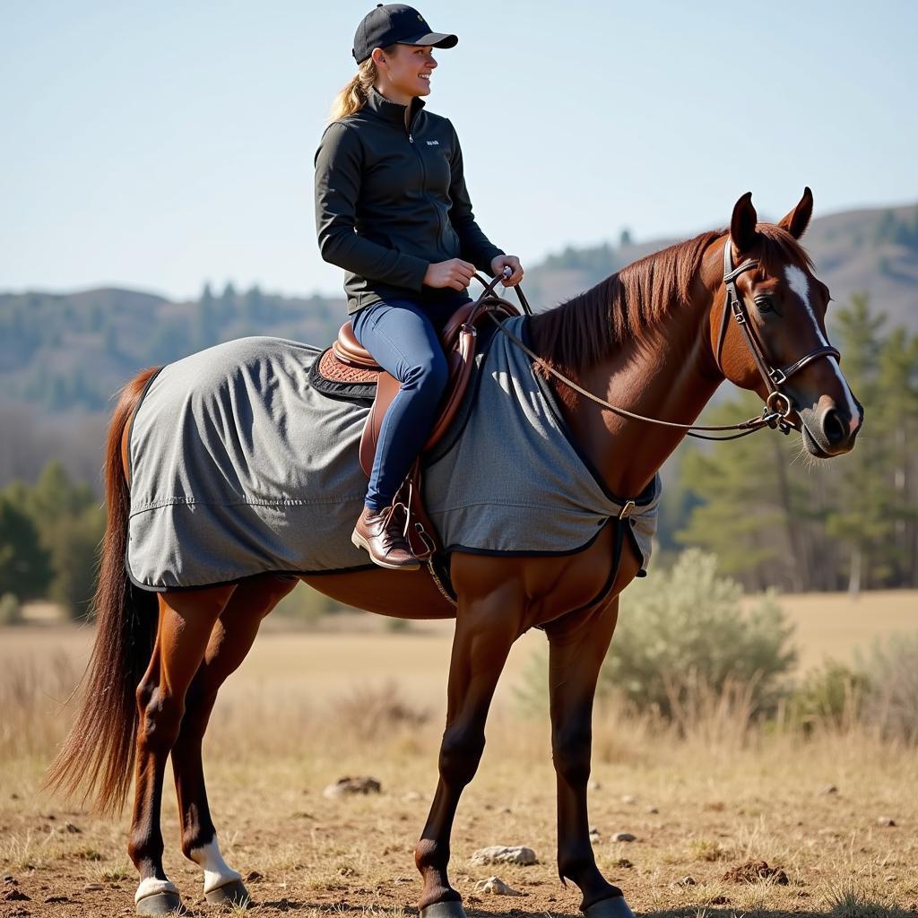 A horse comfortably wearing a nappy bag while trail riding