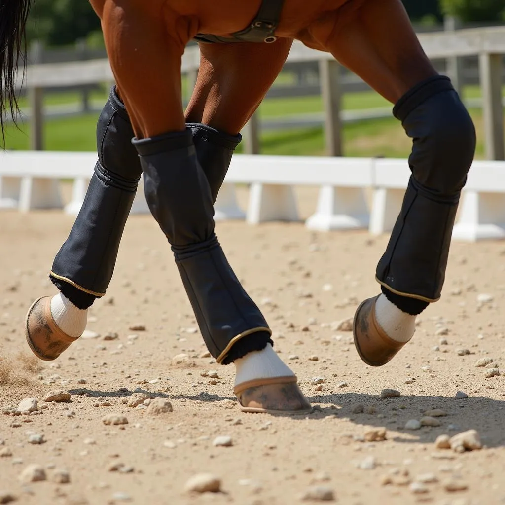 A horse wearing open front boots during dressage training