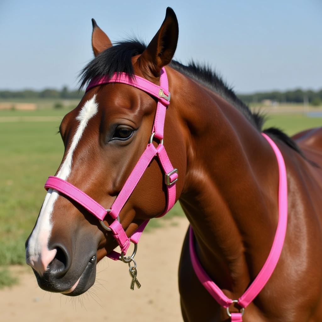 A bay horse wearing a pink halter with a breast cancer ribbon.