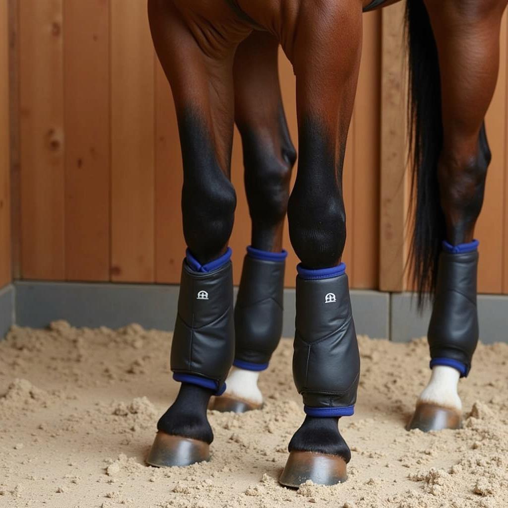 Horse wearing protective boots to prevent hock sores