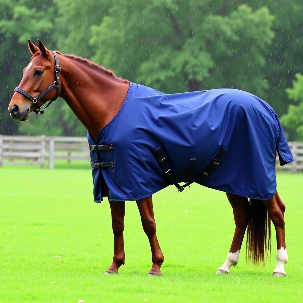 Horse wearing a rain sheet in a paddock