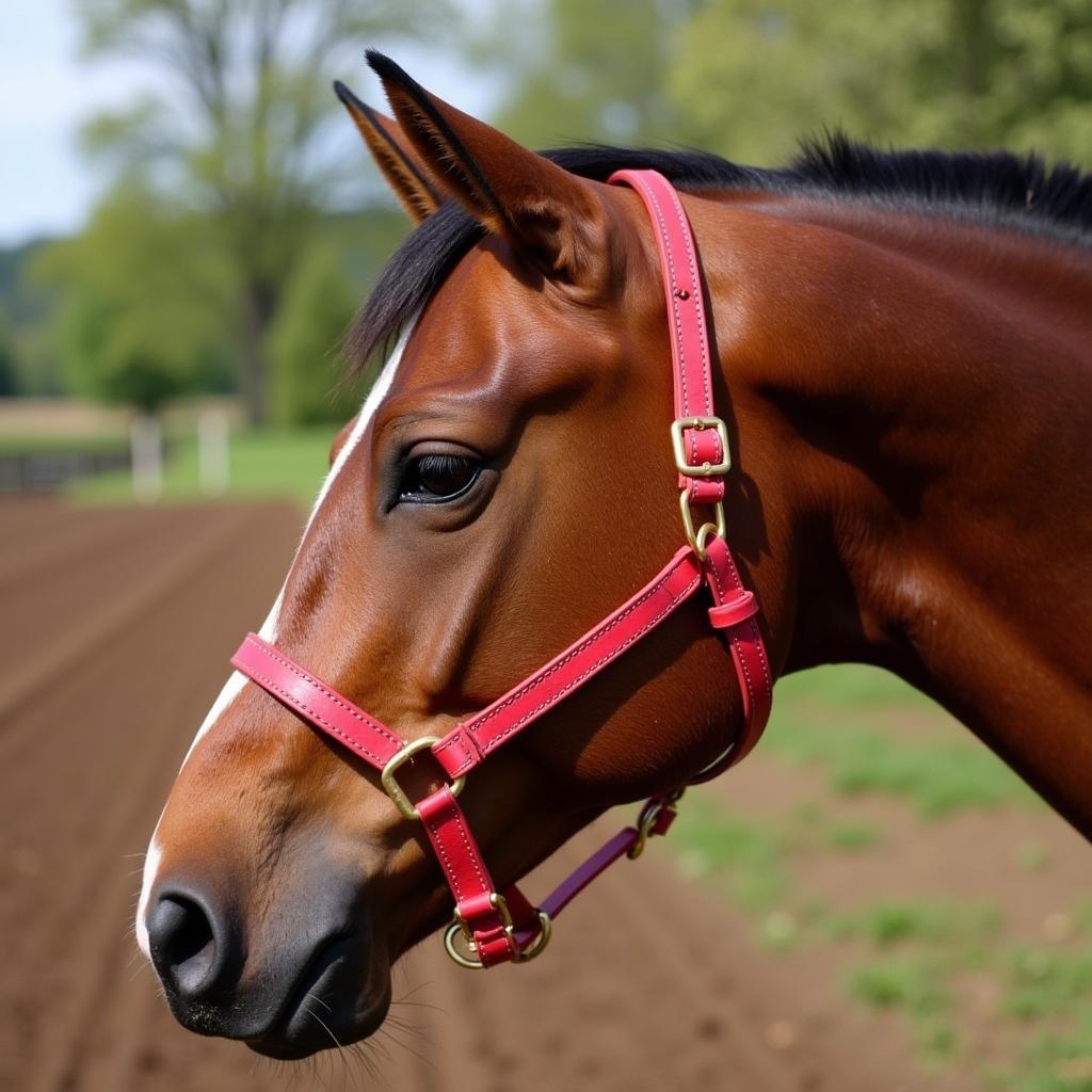 A chestnut horse standing calmly while wearing a red leather halter and lead rope