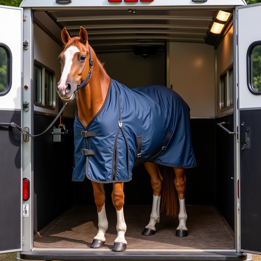  Horse safely secured in a trailer wearing a rugged ride blanket