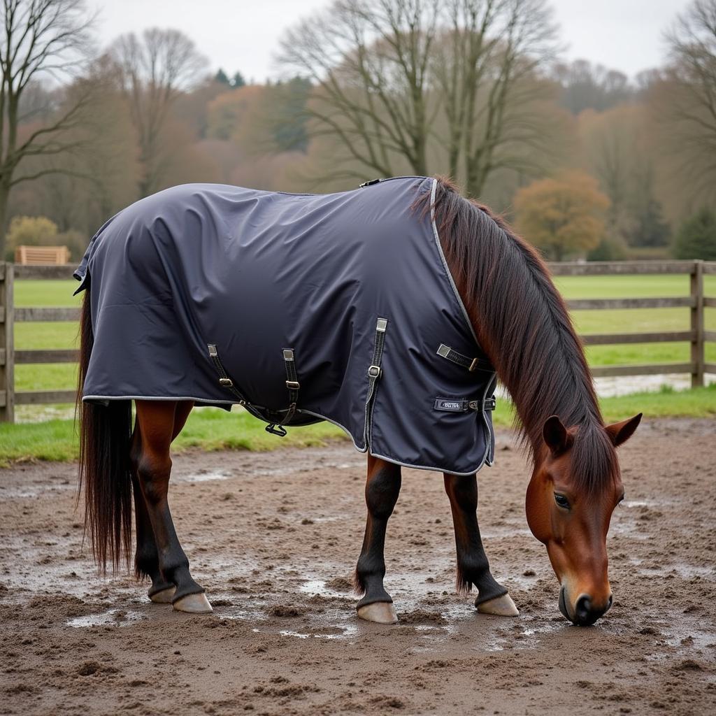 Horse Grazing While Wearing a Tough One Horse Blanket