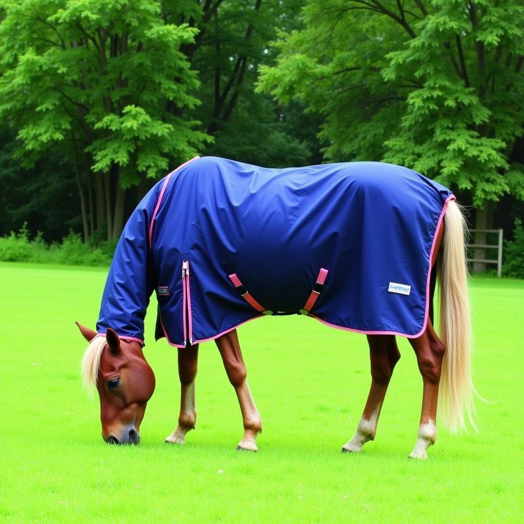 Horse Wearing Turnout Sheet in Pasture