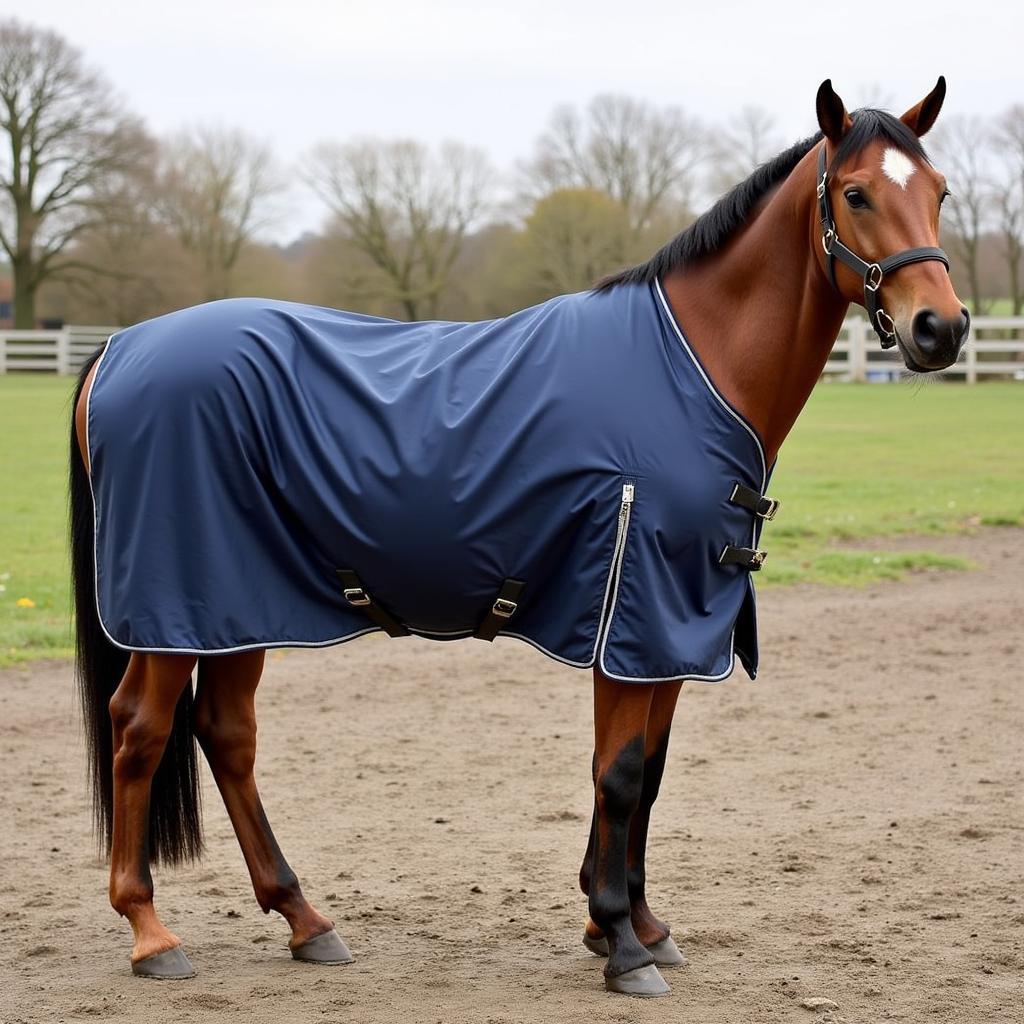 Horse Wearing Turnout Sheet with Tail Flap