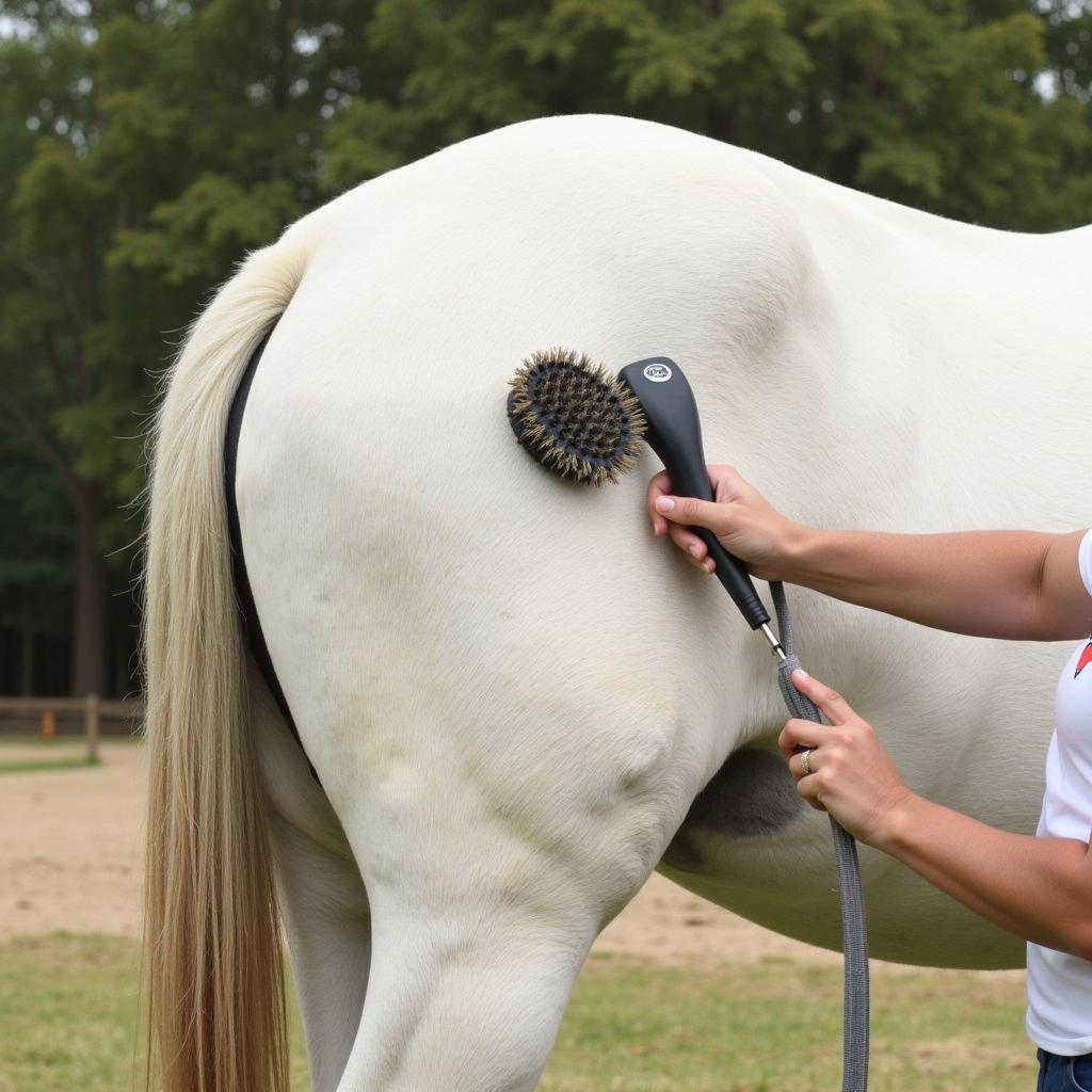 Grooming a Horse with White Coat