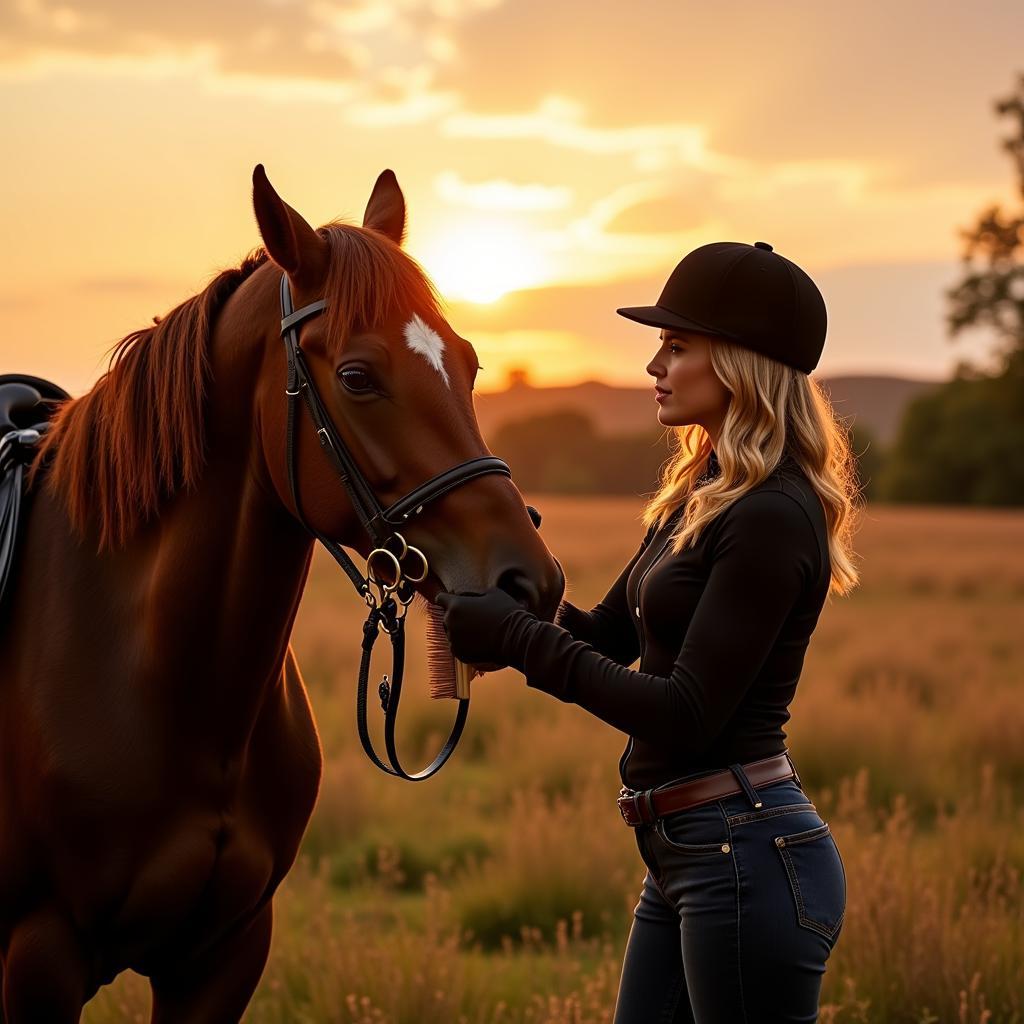 A horse wife diligently grooms her horse