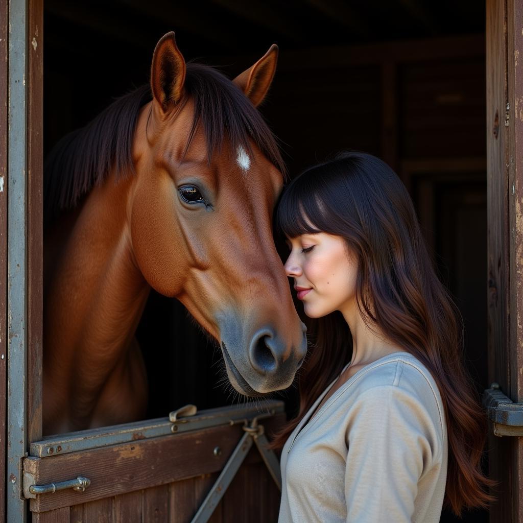 A horse wife shares a quiet moment of connection with her horse