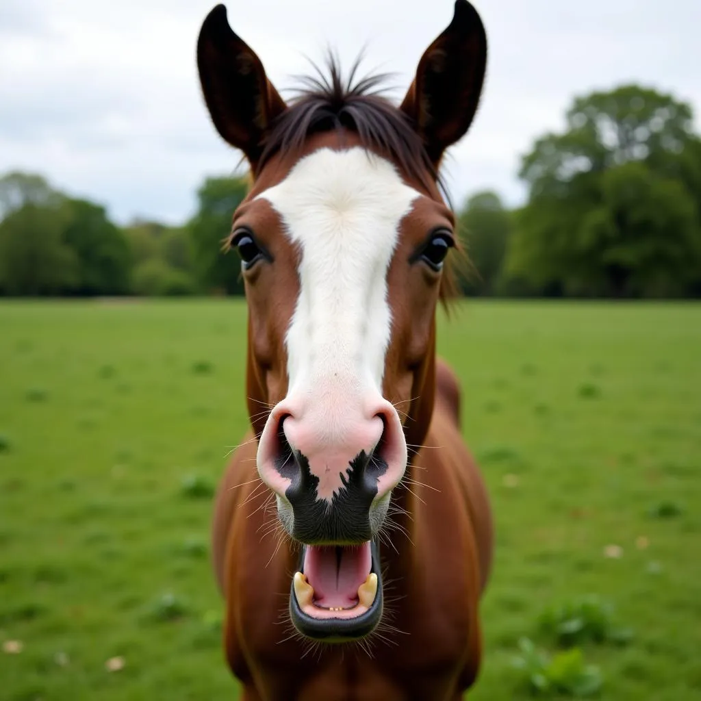 Horse with Funny Expression in Pasture