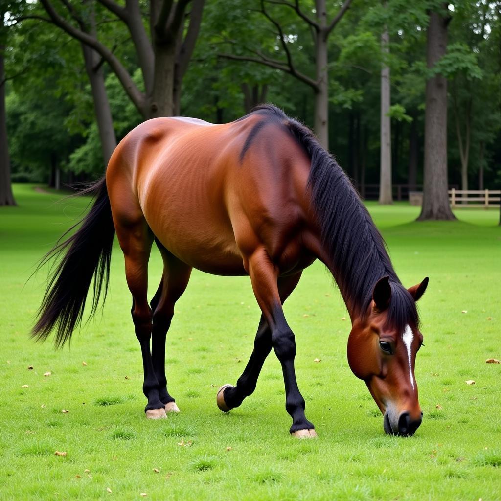 A Horse with Heaves Grazing Peacefully in a Dust-Free Pasture