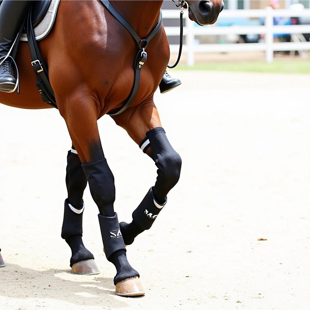 Horse Wearing Hock Protectors During Training