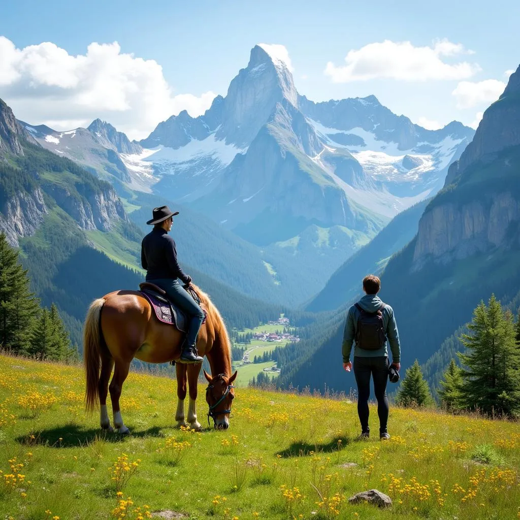 Horse and rider in a lush mountain meadow