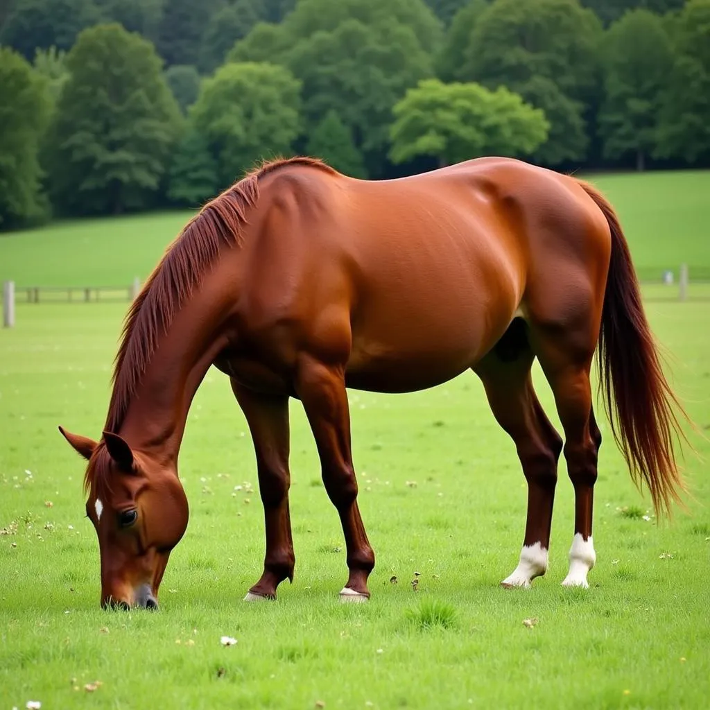 Horse with Shiny Coat Grazing in Pasture