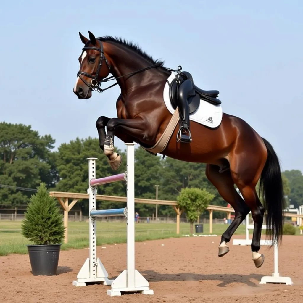 Horse wearing a wither strap while jumping over an obstacle