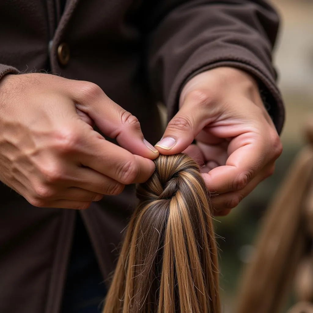 Close-up of hands braiding horsehair