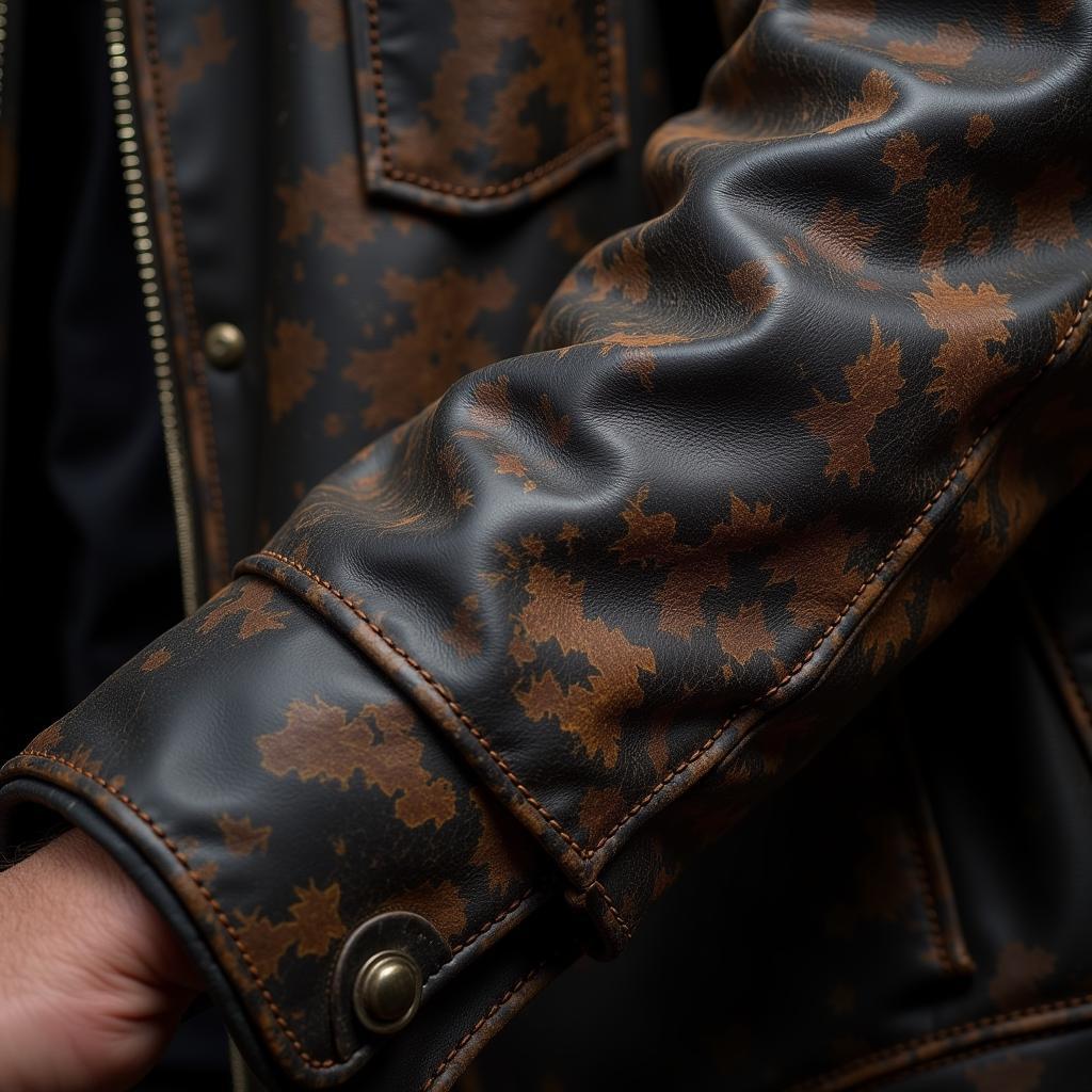 Close-up of horsehide patina on jacket sleeve