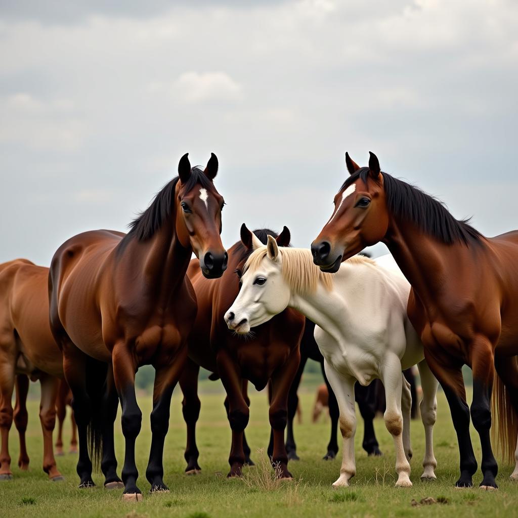 Horses and Cows Displaying Non-Aggressive Behaviors