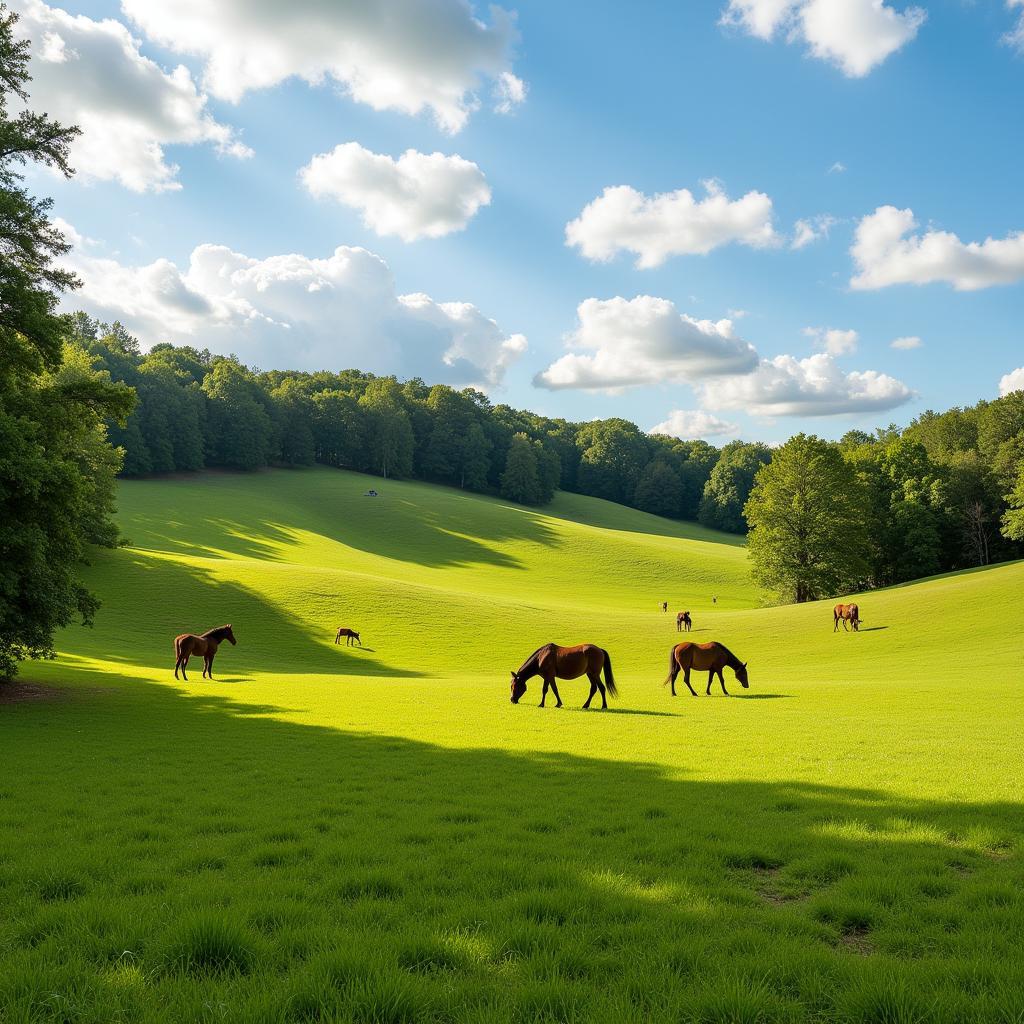 Horses grazing in a lush pasture in Aiken, South Carolina