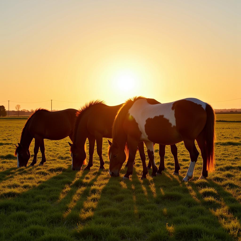 Horses grazing in a sunset pasture