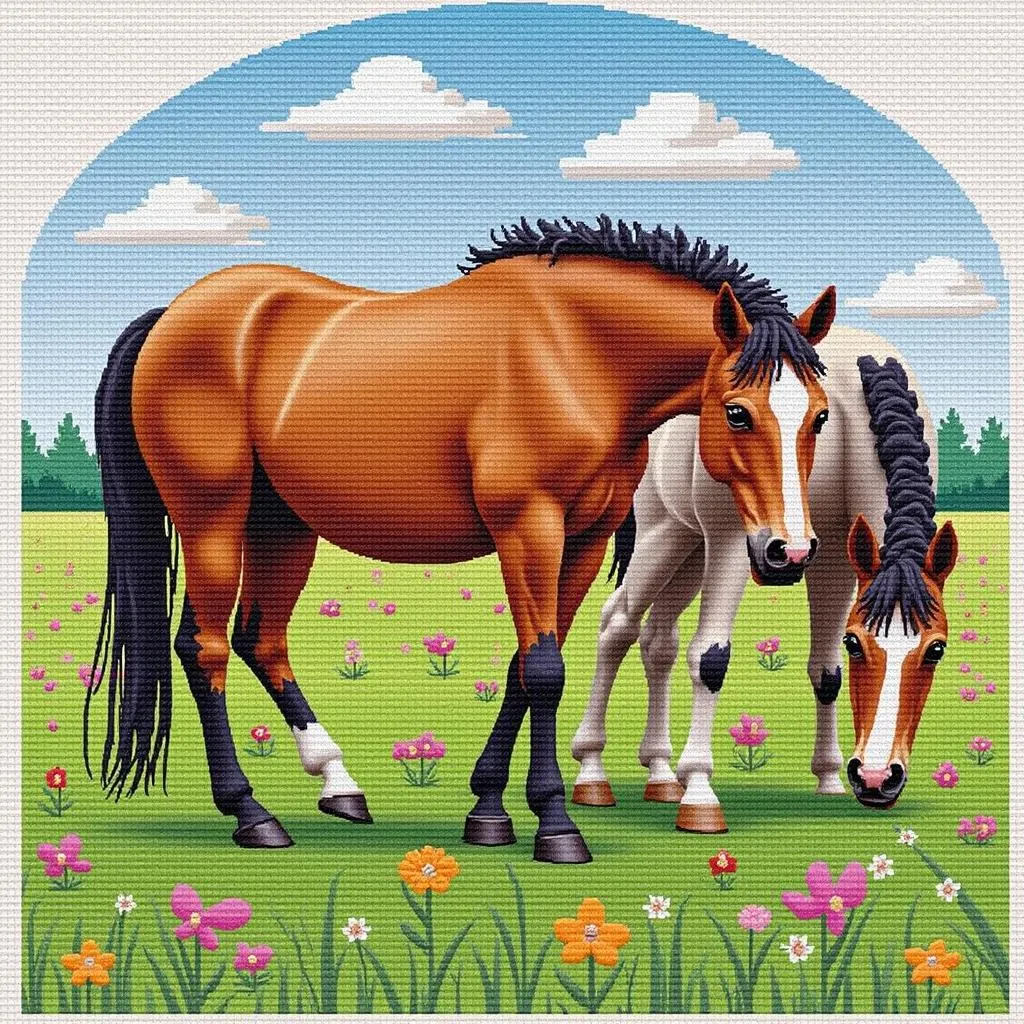 Cross Stitch Horses Grazing In Meadow Pattern